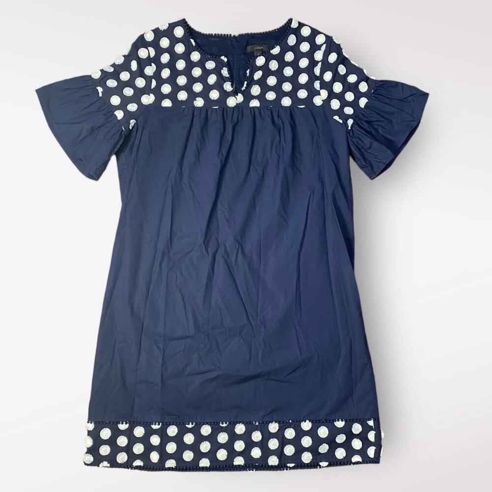 J.Crew Navy Blue White Bell Short Sleeve Fringe Polka Dot Shift Dress Size 8